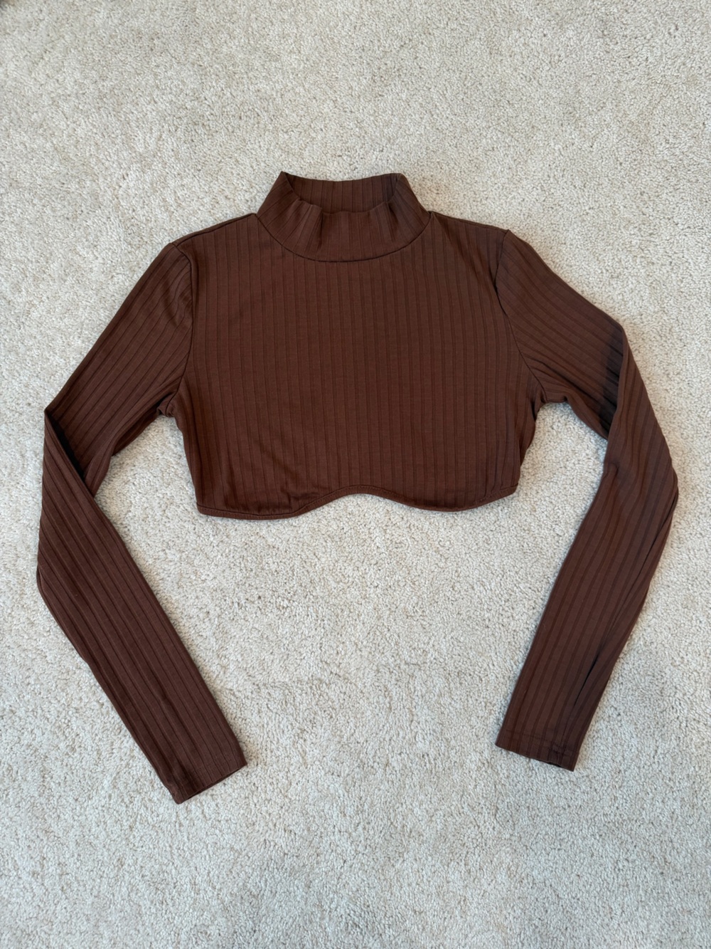 SHEIN Brown Ribbed Long Sleeve Mock Neck Crop Top